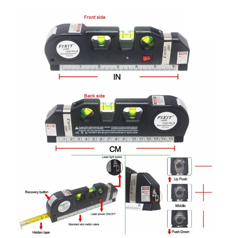 4-in-1 Fixit Laser Level Measuring Tool – With 8ft Tape, Triple Bubble Level
